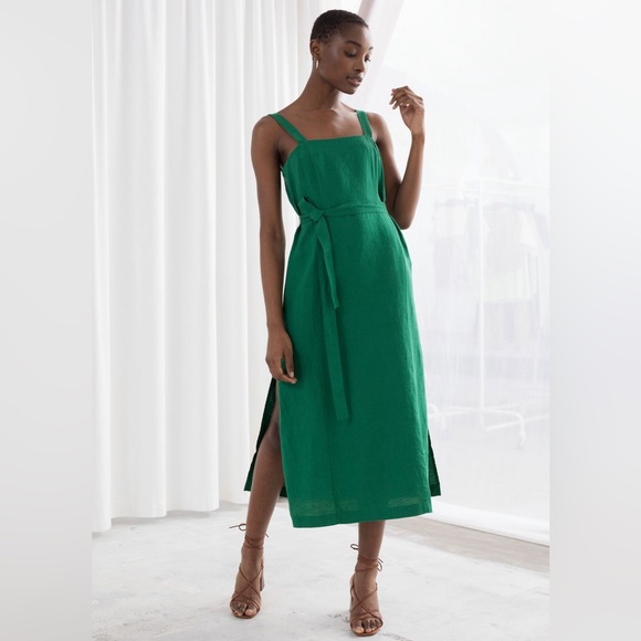 & Other Stories Belted Linen Midi Dress Green Size 8 NWT - Picture 1 of 11